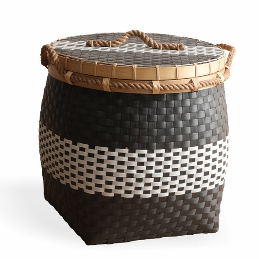 Woven storage basket, Decorative storage basket, Handwoven basket with lid, Plastic rattan basket, Rope handle basket, Black and white woven basket, Storage basket with lid and handle, Square laundry hamper basket, Eco-friendly woven storage bin. 