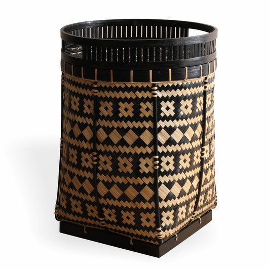 Tribal woven storage basket, Handcrafted bamboo basket, Black and natural pattern bin, Ethnic weave decorative basket, Sustainable ethnic home décor, Handwoven bamboo bin, Traditional Borneo style basket .