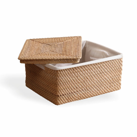 Woven storage basket with lid, Rattan basket with lid, Handwoven basket box, Natural wicker storage box, Lidded woven basket organizer, Eco-friendly storage basket, Decorative storage basket with cover, Basket with fabric lining, Square wicker storage bin, Multipurpose basket for home. 