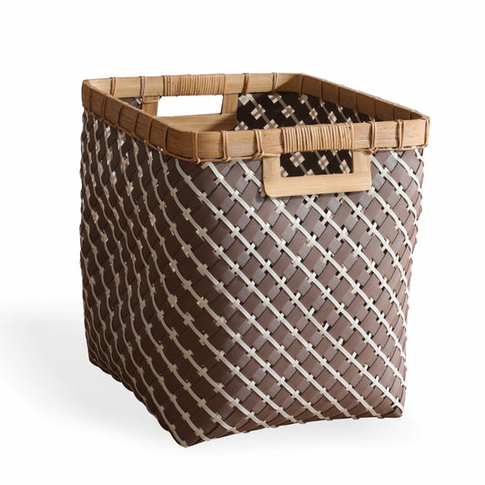 Square woven storage basket, Brown plastic rattan basket, Decorative laundry hamper, Handwoven look basket, Basket with wooden handles, Plastic wicker storage bin, Indoor decorative basket, Brown and beige woven basket, Home organizer basket square, Multipurpose basket with handles.