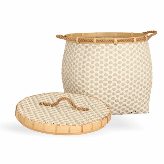 Woven laundry basket, Beige storage basket with lid, Decorative hamper with rope handle, Bamboo rim laundry bin, Handwoven basket with cover, Cream and grey pattern storage hamper, Lightweight woven clothes basket, Natural fiber look laundry organizer, Stylish bedroom storage basket, Eco-friendly woven bin with lid. 