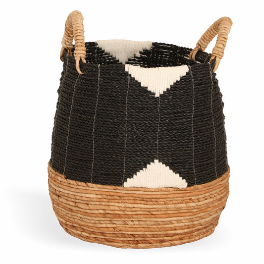 Handmade woven basket, Black and natural storage basket, Decorative storage basket, Boho style basket, Woven laundry basket, Eco-friendly storage solution, Natural fiber basket, Basket with handles. 