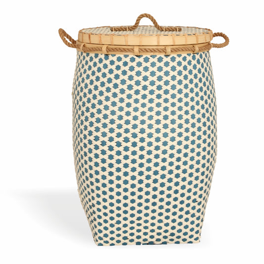 Blue woven storage basket, Tall laundry basket with lid, Handmade bamboo basket, Decorative rope handle basket, Eco-friendly storage hamper, Artisan blue and white storage basket, Modern handcrafted laundry basket, Woven basket with bamboo and rope, Decorative bin with lid for home, Versatile organizer for laundry or toys.