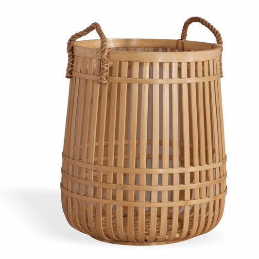 Bamboo storage basket, Decorative woven basket, Tall wicker basket, Handcrafted bamboo basket, Open weave basket, Slatted bamboo container.