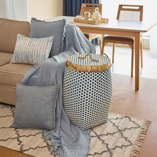 Blue decorative throw pillow, Cotton cushion with stitched edges, Handcrafted blue sofa cushion , ,Accent pillows for couch, Soft linen blend pillow, Handwoven storage basket with lid, Blue and white decorative basket, Laundry hamper with lid, Lidded rattan storage bin, 
Artisan basket for home décor.

Eco-friendly woven storage solution

