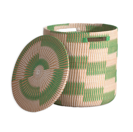 Handwoven plastic basket, Colorful storage hamper, Eco-friendly laundry bin, Round woven basket with lid, Decorative storage basket, Green and beige woven plastic basket with lid, 
Vibrant handmade hamper for home organization, Multicolor plastic wicker basket.