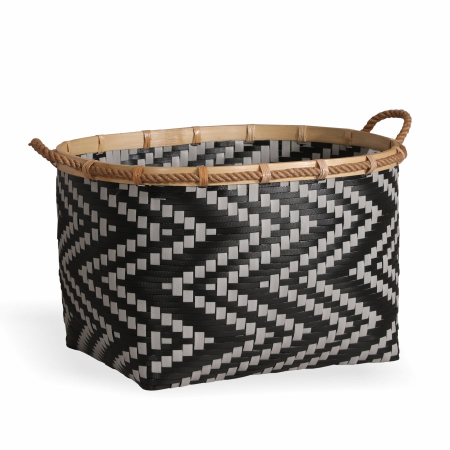 Black and white woven basket, Handwoven storage basket, Decorative woven basket, Black and natural fiber storage basket, Stylish woven basket for home décor, Handcrafted basket with rope handles, Basket for toys and blankets, Decorative basket for living room.