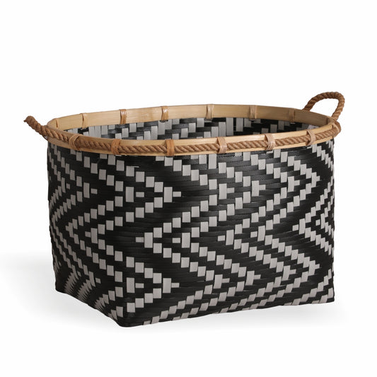 Black and white woven basket, Handwoven storage basket, Decorative woven basket, Black and natural fiber storage basket, Stylish woven basket for home décor, Handcrafted basket with rope handles, Basket for toys and blankets, Decorative basket for living room.