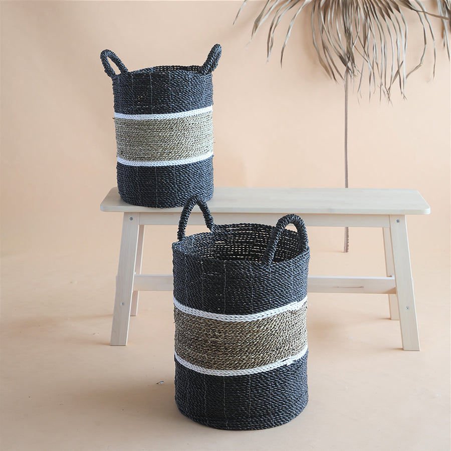 Charcoal woven storage basket, 
Two-tone rope basket with handles, 
Black and natural seagrass basket, 
Decorative woven laundry hamper, 
Handwoven storage basket, Natural fiber rope basket, Modern rustic woven basket, Tall woven hamper with handles, Stylish black and beige storage bin, Handcrafted color-blocked basket, Eco-friendly black and natural rope storage basket, 
Handwoven decorative basket for home organization, Multi-purpose seagrass and cotton rope hamper .

