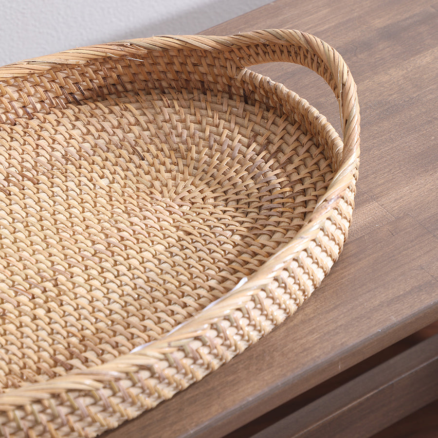 Handwoven rattan tray, Oval wicker serving tray, Natural rattan storage tray, Eco-friendly bamboo tray, Handmade wicker organizer, Coffee table centerpiece tray, Entryway catchall tray.

