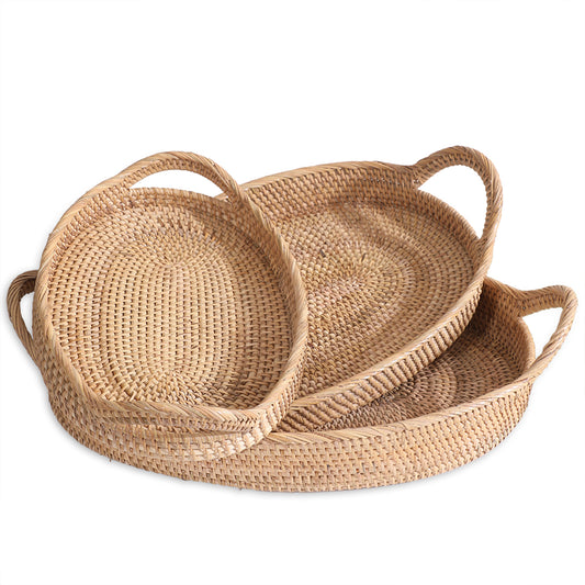 Woven rattan tray set, Oval wicker serving trays, Handwoven basket trays, Boho rattan serving trays, Eco-friendly wicker trays, Decorative oval trays for coffee table or ottoman, 
Rustic woven trays for kitchen or dining.