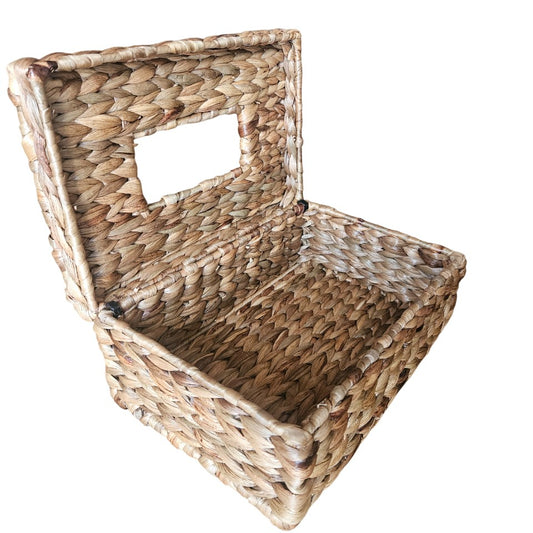 Wall mounted woven basket, Hanging seagrass storage basket, Handwoven wall organizer, Natural wicker wall basket, Water hyacinth wall basket with handle, Rustic hanging basket for wall décor, Boho wall storage basket, Woven basket for entryway or bathroom, Eco-friendly wall mounted organizer, Handmade woven wall storage box. 

