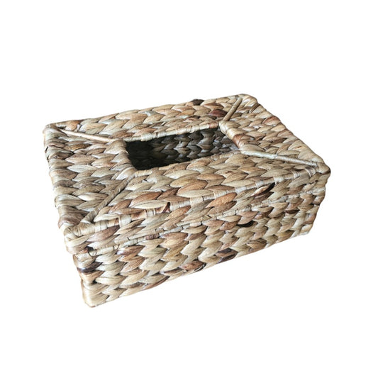 Woven tissue box cover, Handwoven tissue holder, Natural seagrass tissue box, Water hyacinth tissue cover, Rectangular wicker tissue box, Eco-friendly tissue dispenser cover, Decorative tissue box for home, Rustic rattan tissue box holder, Boho tissue box cover, Natural fiber tissue box for bathroom. 

