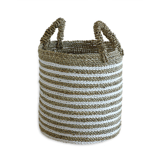 Natural woven basket, White striped rope basket, Handwoven storage basket, Seagrass laundry basket, 
Decorative cylindrical basket, Eco-friendly rope basket, Braided jute and cotton basket, Tall woven basket with handles, Rustic coastal basket, 
Handcrafted home storage bin. 

