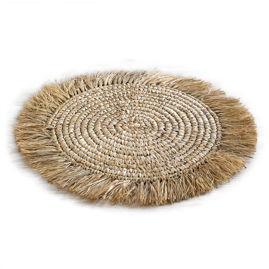 woven placemat, straw placemat, natural fiber placemat, seagrass placemat, braided table mat, 
round table mat, handwoven placemat, eco-friendly placemat
fringed placemat, Boho fringe mat, 
rustic fringe placemat, natural straw fringe mat, coastal style fringe placemat. 