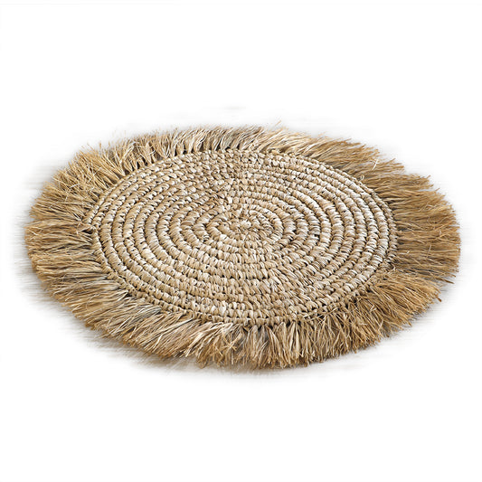 woven placemat, straw placemat, natural fiber placemat, seagrass placemat, braided table mat, 
round table mat, handwoven placemat, eco-friendly placemat
fringed placemat, Boho fringe mat, 
rustic fringe placemat, natural straw fringe mat, coastal style fringe placemat. 