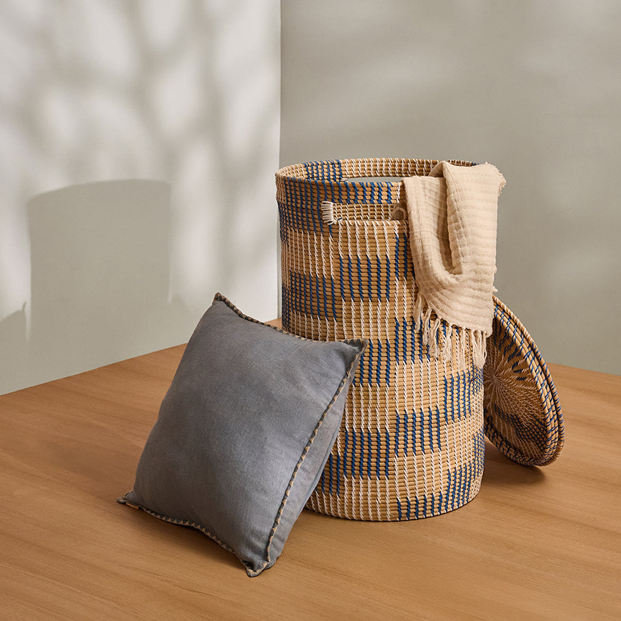 Handwoven seagrass storage basket, 
Natural fiber lidded basket, Decorative laundry hamper, Blue checkered woven basket, Eco-friendly storage bin, Artisan woven home organizer, Soft grey linen cushion, Minimalist throw pillow, Handmade cushion cover, Decorative grey pillow for sofa, Boho chic couch cushion, Earth-toned accent pillow.