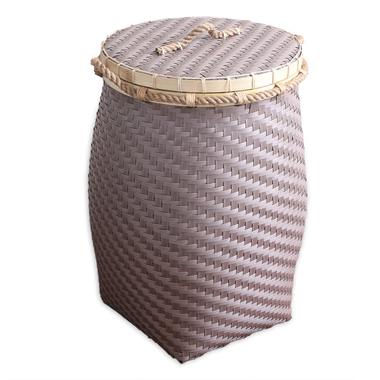 Woven storage basket with lid, Brown laundry basket with lid, Handmade storage basket, Eco-friendly woven basket, Decorative storage basket, Rattan-style laundry hamper, Plastic wicker basket, Traditional style hamper, Handcrafted woven basket for clothes, Stylish laundry basket for home décor, Multipurpose storage hamper with rope handle, Durable brown basket for laundry or storage, Rustic woven bin with lid for organizing.
