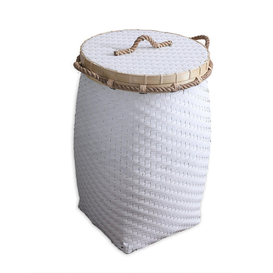 White woven storage basket, Lidded laundry basket, Rope handle basket with lid, Woven hamper with lid, White decorative storage basket, Handwoven laundry hamper, Eco-friendly storage basket, Stylish home storage solution, Woven basket with rope trim, 

