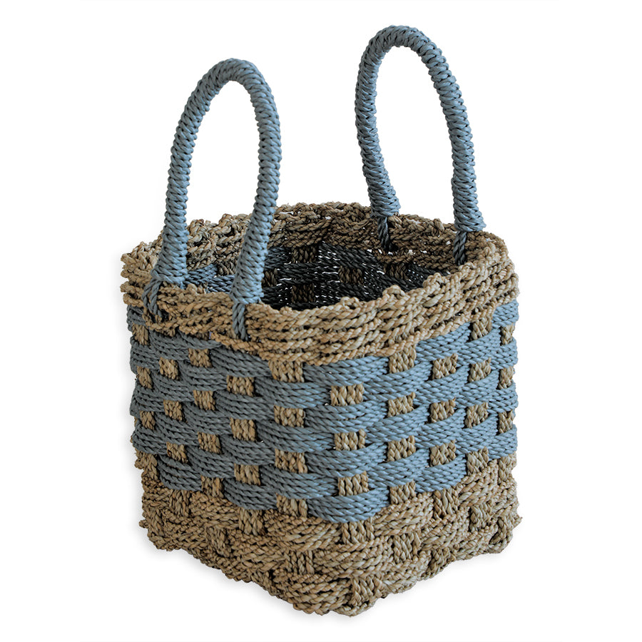Seagrass basket, Handwoven storage basket, Square woven basket, Decorative rope basket, Blue and natural seagrass basket, Handcrafted blue and beige storage basket, Eco-friendly rope basket with handles, 
Rustic woven basket for home decor, 
Natural fiber basket for organizing, 
Handmade seagrass tiffin basket, Living room storage basket, Entryway basket with handles, Bathroom organizer basket, Toy storage basket handmade, Multi-purpose woven tote basket.

