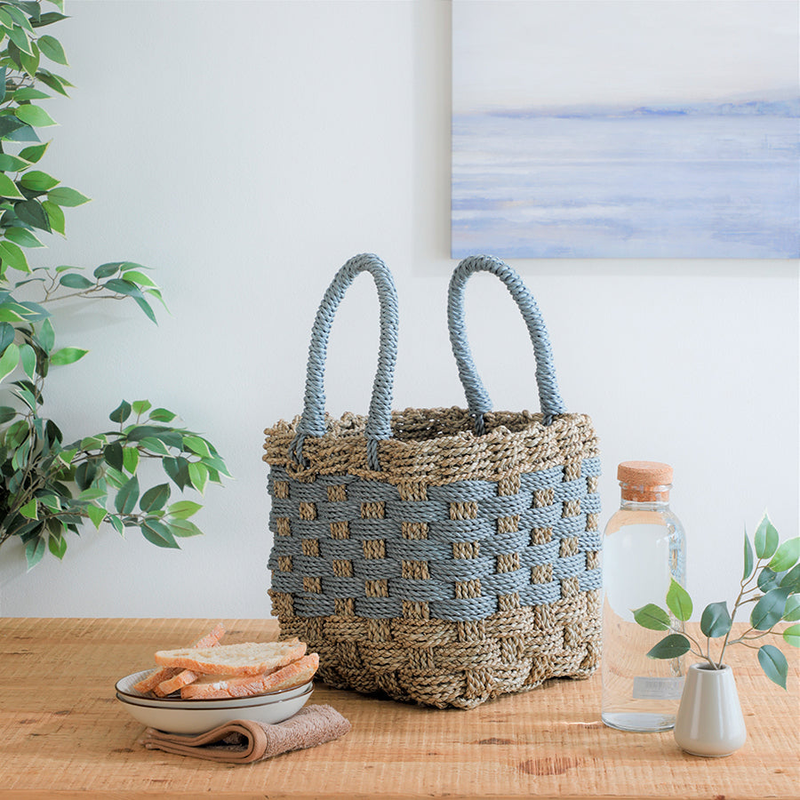 Seagrass basket with handles, Handwoven rope basket, Natural fiber storage basket, Square woven basket decor, Eco-friendly basket for home, Decorative seagrass basket for kitchen, Woven tiffin basket for dining table, Multipurpose storage basket for home, Rustic rope basket for modern interiors, Boho chic tabletop organizer basket.
