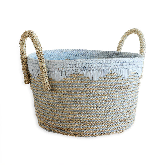 Handwoven storage basket, Grey and natural jute basket, Decorative rope basket with handles, Woven basket with blue trim, Eco-friendly seagrass basket, Two-tone woven utility basket, Handcrafted Boho storage basket, Stylish round basket with fringe, Decorative storage basket with handles and fringe, Coastal-style woven rope basket for home, 
Blue and beige jute basket for living room, Soft-touch woven organizer for toys or laundry, Multipurpose handwoven seagrass basket. 

