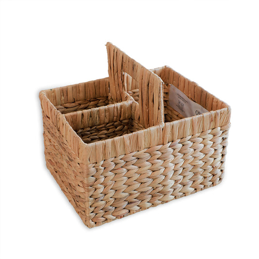Water hyacinth storage caddy, Handmade woven organizer, Natural basket with handle, Eco-friendly desk caddy, Rustic bathroom organizer, Multipurpose woven basket, Sustainable cutlery caddy, Farmhouse table organizer, Boho chic storage bin, Handwoven utensil holder, Divider basket with compartments, Decorative natural fiber caddy, Kitchen counter organizer, Entryway organizer basket.