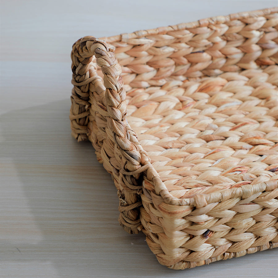 Water hyacinth tray, Natural fiber serving tray, Handwoven rectangular tray, Rustic woven tray, Eco-friendly basket tray, Braided handle tray, Boho home décor tray, Decorative storage tray, Coffee table tray, Breakfast in bed tray, Kitchen counter organizer. 