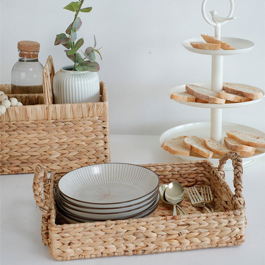 Water hyacinth serving tray, Handwoven rectangular tray, Natural fiber tray with handles, Rustic woven tray, Eco-friendly breakfast tray, 
Farmhouse style serving tray, Dining table tray, Cutlery and plate organizer, Kitchen serving tray, Decorative tray for entertaining.
