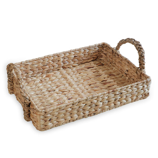 Water hyacinth serving tray, Woven rectangular tray with handles, Natural fiber decorative tray, Rustic woven tray basket, Handwoven water hyacinth tray, Eco-friendly serving tray, Rectangular rattan-style tray, Farmhouse décor tray, Sustainable natural storage tray, Boho table centerpiece tray. 