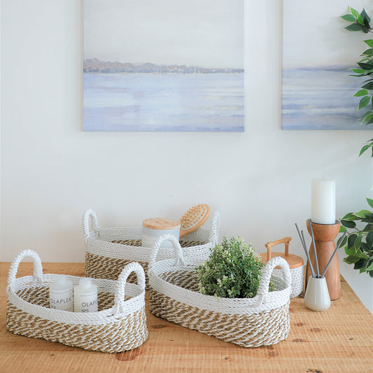 Nesting rope baskets, Woven storage baskets set, Decorative storage baskets with handles, Natural and white baskets, Multi-size storage baskets, Handwoven rope baskets, Twisted rope design baskets, Natural fiber storage bins, Bathroom storage baskets, Vanity organizer baskets, 
Nursery rope baskets, Kitchen countertop baskets .