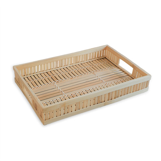 Bamboo serving tray, Rectangular bamboo tray, Natural woven tray, 
Handcrafted bamboo tray, Eco-friendly serving tray, Sustainable bamboo kitchen tray, Rustic rectangular tray with handles, 
Handmade bamboo breakfast tray, 
Natural fiber tray for home décor, 
Lightweight bamboo utility tray, 

