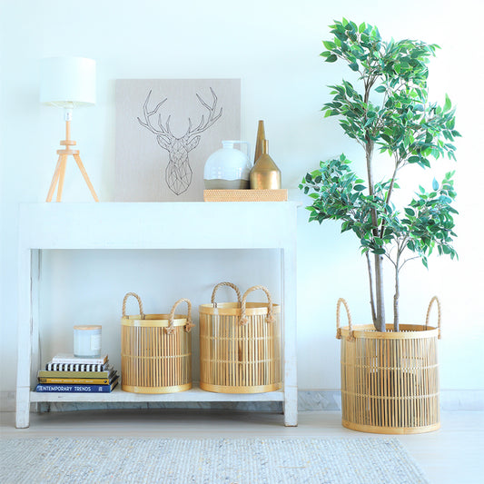 Bamboo storage baskets, Handcrafted bamboo baskets, Eco-friendly baskets, Natural bamboo organizer, Decorative bamboo basket set, Rope handle bamboo baskets, Bamboo planter baskets, Woven bamboo home décor, Sustainable storage solution, Rustic bamboo basket décor. 