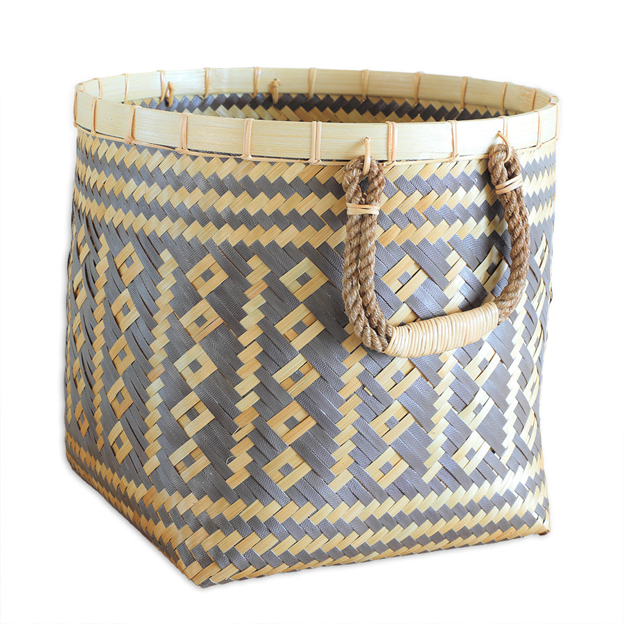 Woven basket, Handwoven storage basket, Bamboo storage basket, Decorative woven bin, Natural fiber basket, Wicker basket with rope handles, Brown woven basket, Rustic home storage basket, Eco-friendly organizer, Artisan bamboo basket, Multipurpose woven bin, Boho-style storage solution, Handmade laundry basket .

