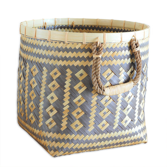 Woven basket, Handwoven storage basket, Bamboo storage basket, Decorative woven bin, Natural fiber basket, Wicker basket with rope handles, Brown woven basket, Rustic home storage basket, Eco-friendly organizer, Artisan bamboo basket, Multipurpose woven bin, Boho-style storage solution, Handmade laundry basket .


