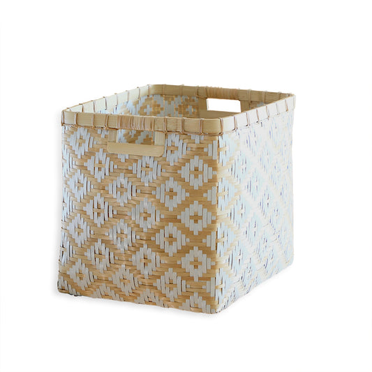 Woven laundry basket, Decorative storage basket, Natural woven basket, Handwoven storage bin, Square wicker basket, Eco-friendly laundry hamper, Boho home décor basket , Rectangular wicker basket, 
Bamboo storage bin, Handmade woven organizer, White and natural basket, Decorative home storage, Natural and white woven laundry basket, Square handwoven storage basket with handles, Eco-friendly decorative basket for shelves.