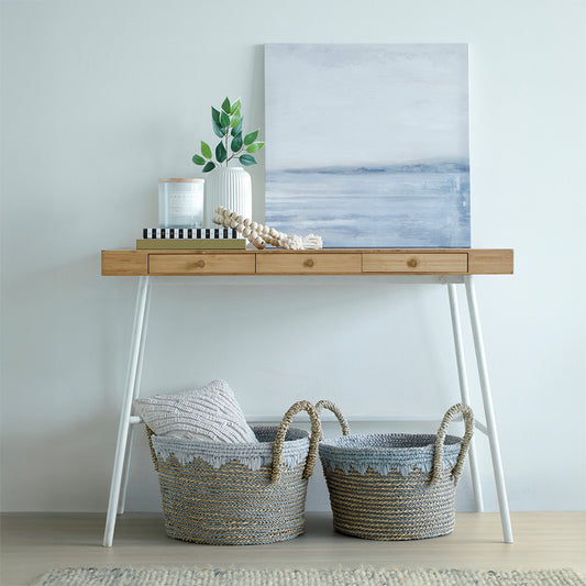 Woven storage baskets with handles
Natural and grey jute baskets, Decorative rope baskets with fringe,
Handwoven coastal-style baskets,
Seagrass storage bins with blue accents, Round wicker baskets for home organization, Eco-friendly woven baskets, Boho decorative baskets with fabric trim,
Handcrafted jute baskets for living room storage, Soft-touch woven bins for throw pillows or blankets, Blue and beige decorative baskets for entryway, Multipurpose baskets for modern coastal decor. 