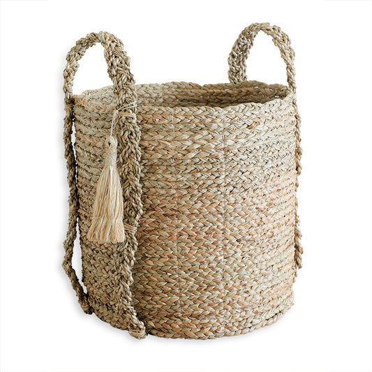 Woven basket, Handwoven storage basket, Natural fiber basket, Seagrass basket ,Decorative woven basket, Rustic decorative basket with tassel, Basket with rope handles, Round woven basket, Basket with tassel ,Laundry basket, Toy storage basket, Blanket basket for living room, Planter basket .