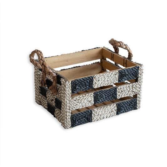 Black and white woven basket, Handwoven storage crate, Decorative rope storage box, Seaweed and paper rope basket, Eco-friendly storage basket, Modern rustic décor basket, Boho chic storage box, 
Geometric rope weave design, Living room organizer basket, Kitchen countertop storage.

