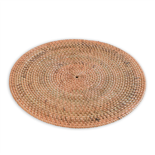 Rattan placemat, Round woven placemat, Natural fiber table mat, Handwoven rattan mat, Eco-friendly placemat, Boho style rattan table mat, 
Rustic round placemat for dining, 
Handmade natural rattan charger, 
Earthy tone woven placemat, Sustainable table décor mat .

