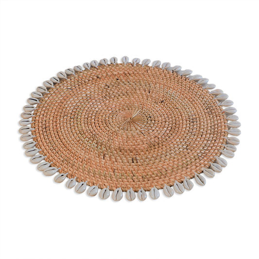 rattan round placemat, woven rattan table mat, coastal style placemat, 
Boho chic placemat, natural fiber placemat, shell edge placemat, cowrie shell table mat, handcrafted woven placemat ,tropical dining décor, eco-friendly tableware, 
beach house placemat, rustic rattan mat, handmade rattan charger, 
sustainable table décor, island style placemat. 