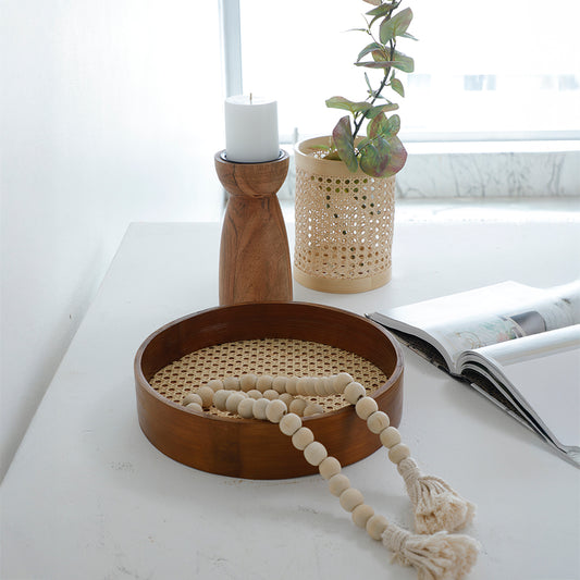 Round cane weave tray, Mahogany rattan tray, Boho decorative tray, 
Handcrafted round bamboo tray, Rustic rattan table tray, Natural fiber organizer tray, Wooden bead garland, 
Boho home décor beads, Natural wood bead tassel, Farmhouse décor garland, Decorative prayer beads, Neutral wood bead string. 

