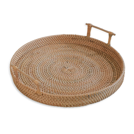 Rattan tray, Woven tray, Handwoven rattan tray, Round rattan tray, Natural rattan serving tray, Rattan tray with handles, Tray with wooden handles, Handcrafted tray, Round wicker tray, Coffee table tray, Breakfast in bed tray, Kitchen serving tray. 

