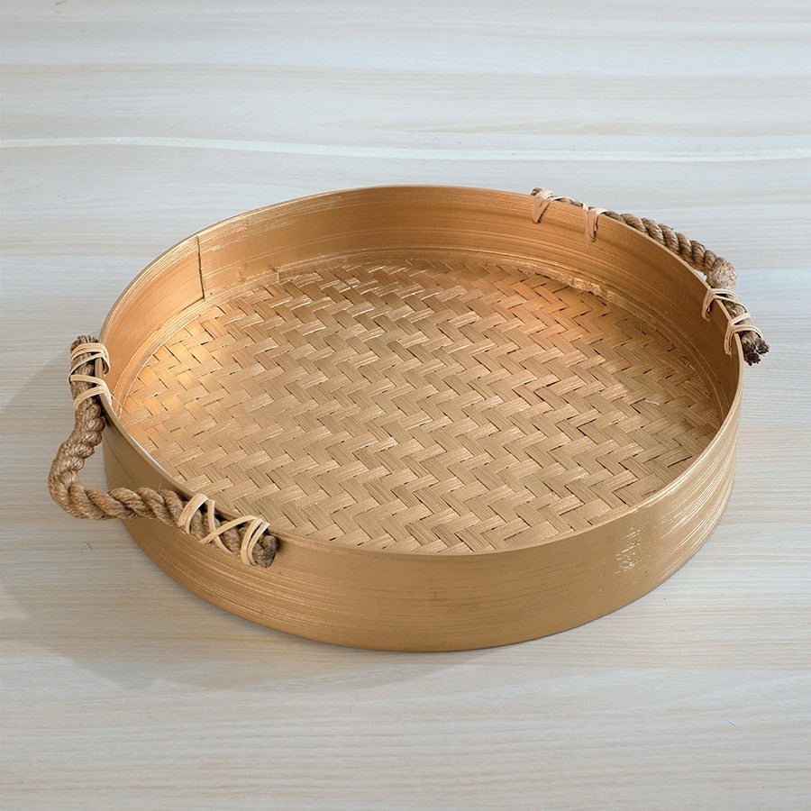 Round bamboo tray, Gold bamboo serving tray, Rope handle tray, Handwoven bamboo tray, Decorative round tray, Eco-friendly serving tray, 
Natural bamboo tray, Handmade bamboo tray, Rustic bamboo tray with rope handles, Round tray for coffee table décor, Gold accent bamboo tray for home, Boho style bamboo tray for serving, Artisan handwoven tray with handles, Sustainable tray for kitchen and décor, Farmhouse bamboo tray organizer,Multi-purpose bamboo serving tray. 