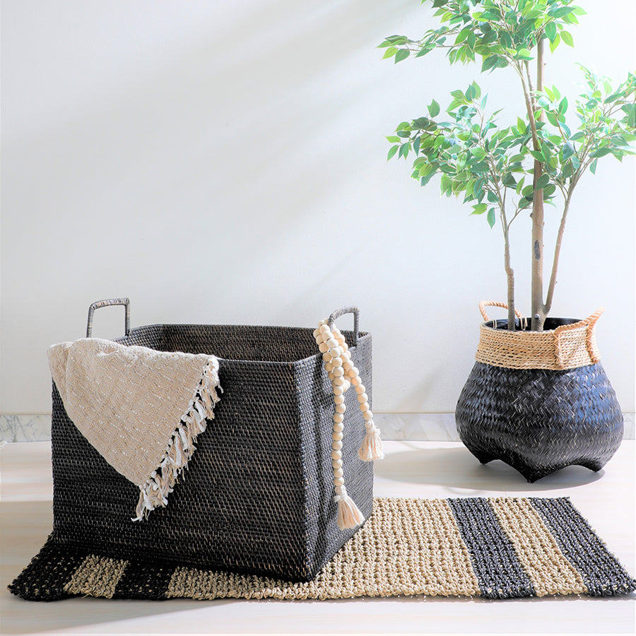 Handwoven natural jute rug, Eco-friendly striped rug, Black and beige floor mat, Handmade black storage basket, Woven decorative bin with handles, Eco-friendly home organization basket, Handwoven decorative plant basket, Eco-friendly indoor planter basket, Rustic woven planter pot .






