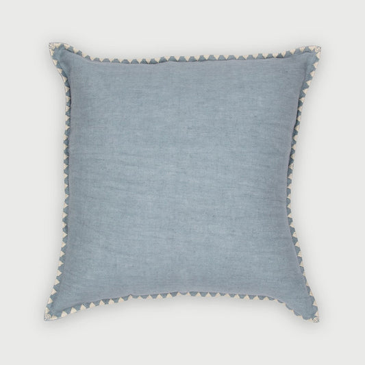 Decorative throw pillow, Modern cushion for sofa, Stylish home décor accessories, Cozy living room accents, Blue linen throw pillow, Square cushion with embroidered trim, Light blue accent pillow, Boho chic decorative cushion, Textured edge blue cushion, Soft blue cotton pillow cover, Artisan-style sofa cushion, Pastel blue cushion with detailing, Contemporary cushion for bed or couch. 

