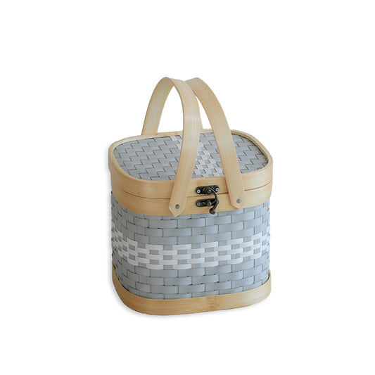 Small tiffin basket, Grey and white woven basket, Picnic storage basket, Handwoven bamboo basket, Compact picnic basket, Bamboo handle basket, Wicker-style basket, 
Eco-friendly storage basket, 
Plastic woven basket with wooden frame, Rustic handcrafted basket, 
Tiffin carrier basket, Lunch box basket, Picnic food basket, Decorative storage basket, Organizer basket with lid.

