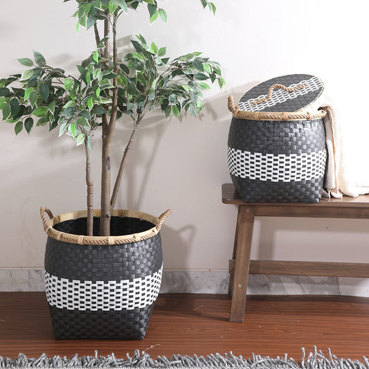 Woven storage baskets, Decorative baskets with handles, Black and white storage bins, Handwoven baskets for home décor, Plastic rattan baskets, Modern woven baskets for living room, Multipurpose storage baskets with rope handles, Stylish indoor plant holder basket, Eco-friendly woven decorative bin, Square rattan-style basket with lid, Decorative hamper baskets for bedroom or bathroom, Handcrafted baskets for organization and décor, Home décor basket for indoor plants
Entryway storage basket solution. 


