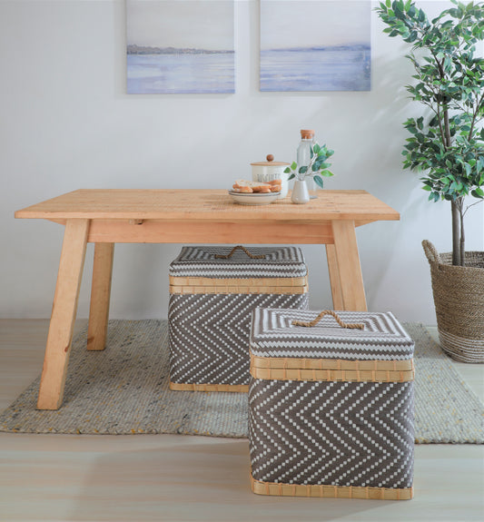 Woven storage trunk set, Decorative wicker storage boxes, Handwoven lidded baskets, Rectangular chevron hampers, Bamboo storage baskets with lids, Eco-friendly woven trunks for home, Multi-functional storage basket set, Stylish storage solutions for living room, Handmade bamboo hampers, Natural fiber baskets for organizing .


