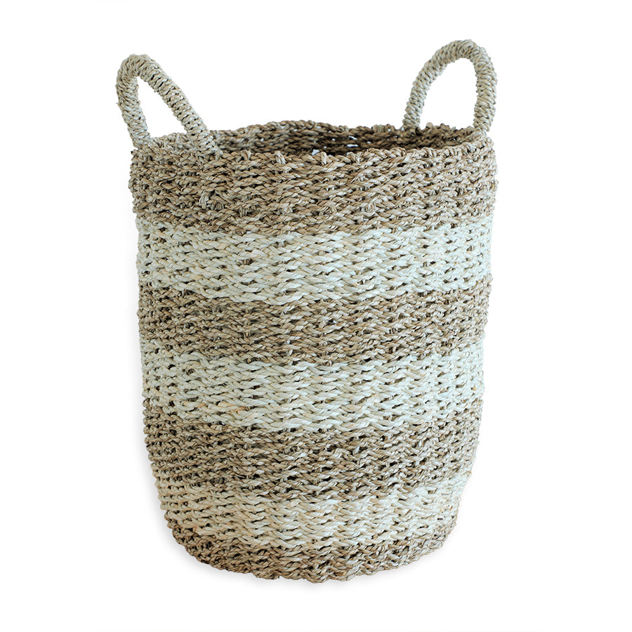 Two-tone woven basket, Natural seagrass storage basket, Handwoven striped basket, Jute and straw laundry hamper, Decorative woven basket with handles, Handcrafted two-tone seagrass basket with handles, Natural woven basket for home organization, Boho-style jute storage basket, Eco-friendly striped laundry hamper, Rustic woven bin for blankets and toys. 

